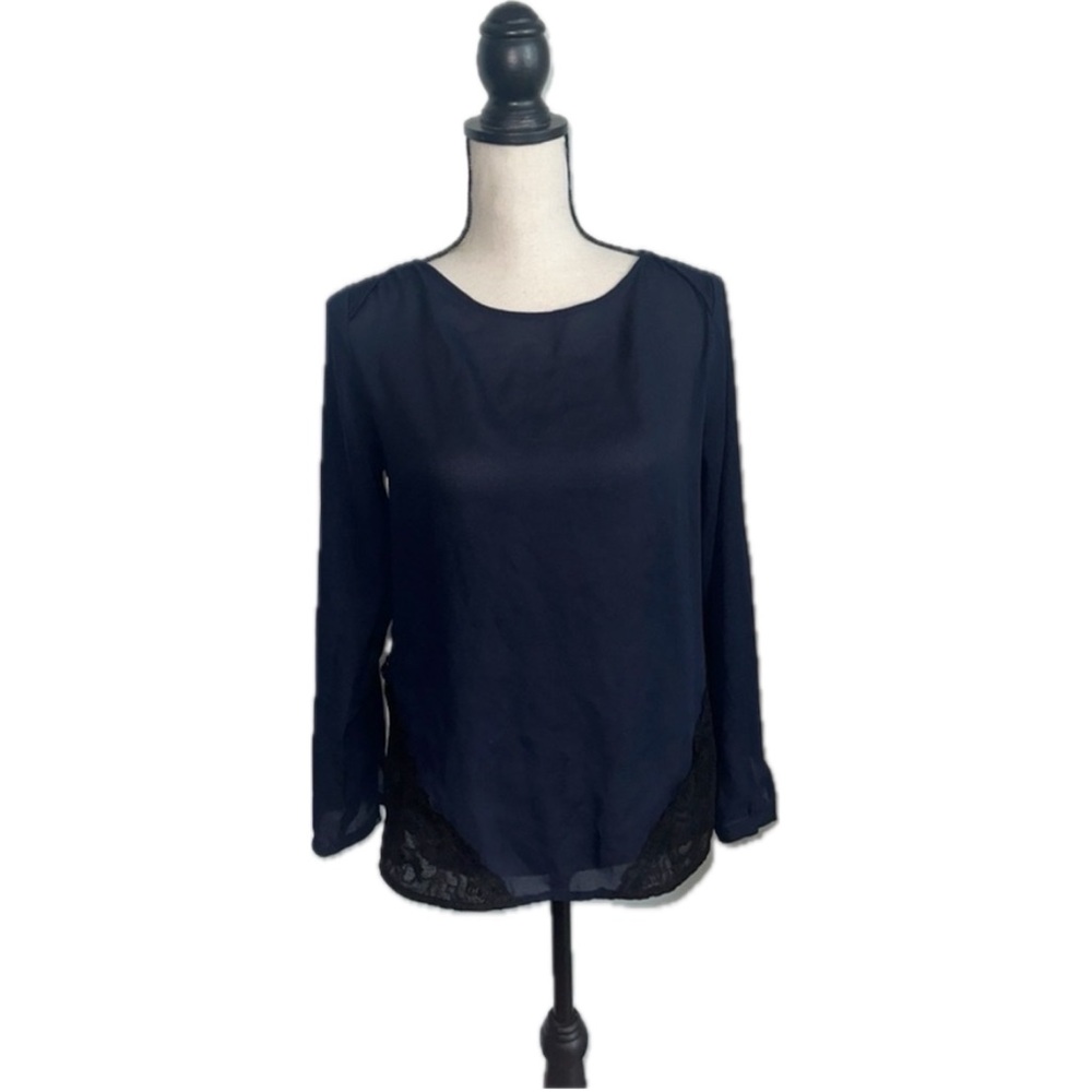 LOFT Blue Long Sleeve Blouse with Relaxed Fit Lace Detailing